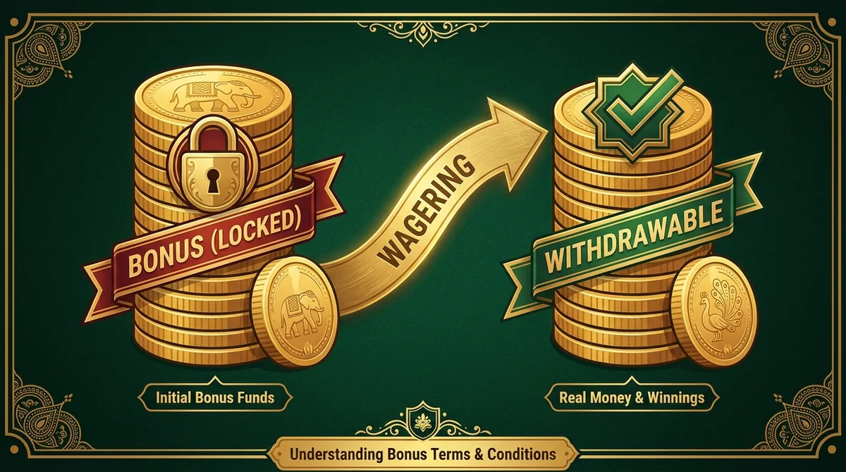 Infographic demonstrating how locked bonus credit converts to withdrawable balance through wagering turnover requirements.